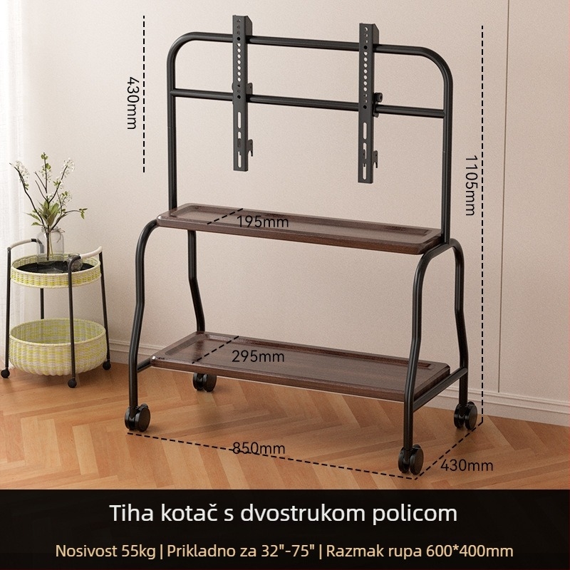Prenosivi podni stalak za TV s kotačićima, univerzalna kompatibilnost; nosivost 15 kg ili više; okvir od hladno valjanog čelika; može se montirati na zid; mehaničko upravljanje.