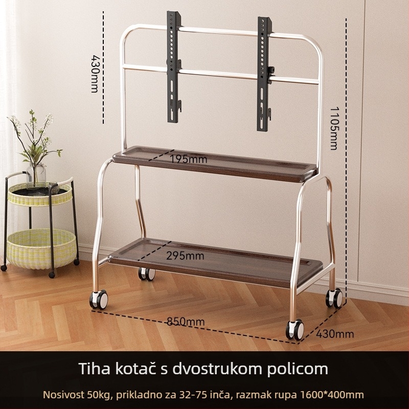 Prenosivi podni stalak za TV s kotačićima, univerzalna kompatibilnost; nosivost 15 kg ili više; okvir od hladno valjanog čelika; može se montirati na zid; mehaničko upravljanje.