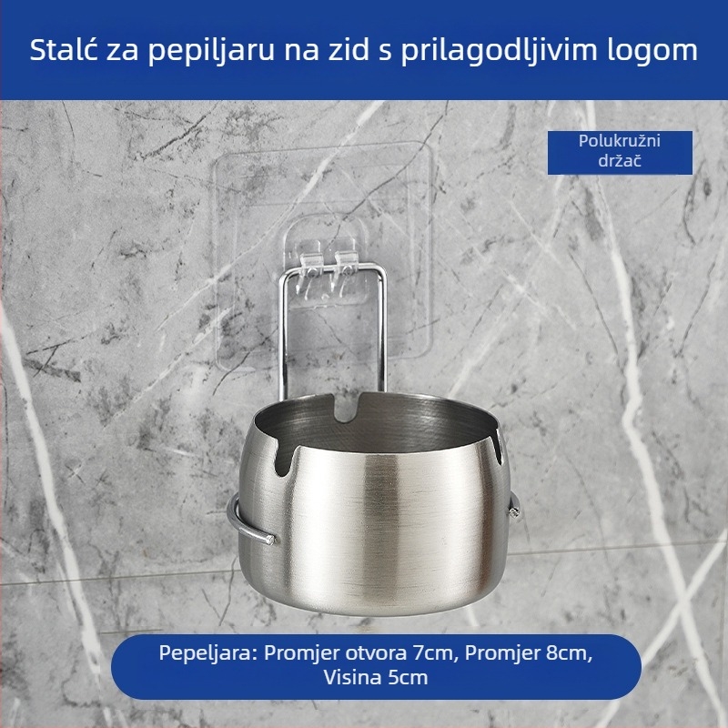 Popolnjak od nehrđajućeg čelika sa zidnim držačem za barove, trgovačke centre i kupaonice; montaža bez bušenja; mogućnost tiska logotipa; prilagodljivo