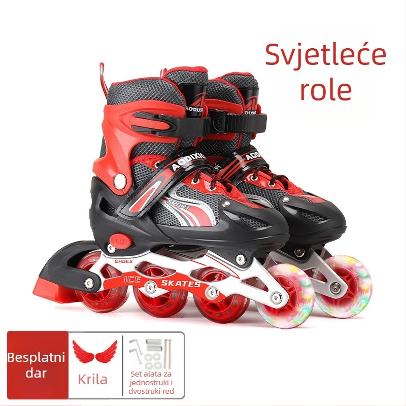 Četverostruke roalne cipele s dvostrukim redom kotača, gornji dio od platna, potplat TPR, plastični kotači