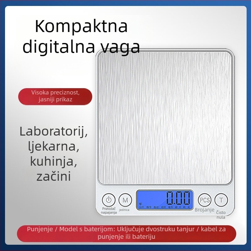 Kuhinjska elektronička vaga, model 156987, kompaktna, raspon mjerenja 500–3000 g, napajanje: baterija ili punjiva, za kuhinju