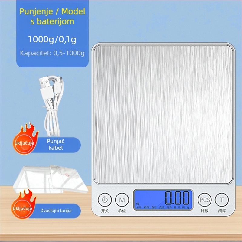 Kuhinjska elektronička vaga, model 156987, kompaktna, raspon mjerenja 500–3000 g, napajanje: baterija ili punjiva, za kuhinju