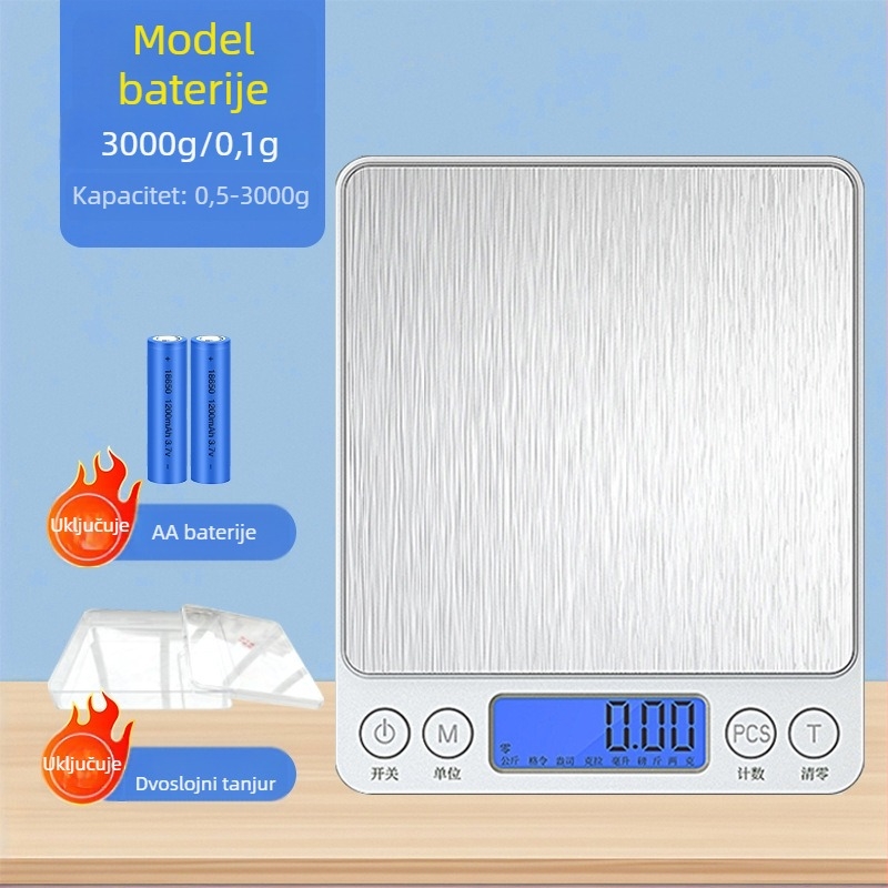 Kuhinjska elektronička vaga, model 156987, kompaktna, raspon mjerenja 500–3000 g, napajanje: baterija ili punjiva, za kuhinju