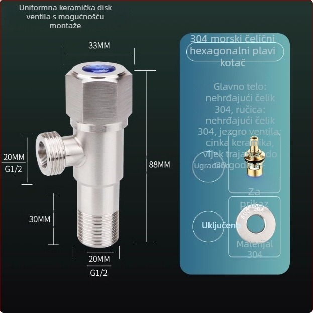 304 nehrđajući čelik ojačani kutni ventil za toplu i hladnu vodu, spiralna instalacija, unutarnji promjer 15 mm, kuhinja i kupaonica