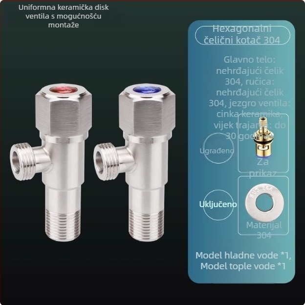 304 nehrđajući čelik ojačani kutni ventil za toplu i hladnu vodu, spiralna instalacija, unutarnji promjer 15 mm, kuhinja i kupaonica