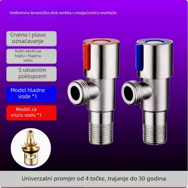 304 nehrđajući čelik ojačani kutni ventil za toplu i hladnu vodu, spiralna instalacija, unutarnji promjer 15 mm, kuhinja i kupaonica
