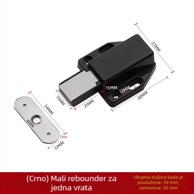 Magnetski zaustavljač vrata ormara - skrivena ugradnja, pritisni tip, Nylon Rebounder model, ABS plast