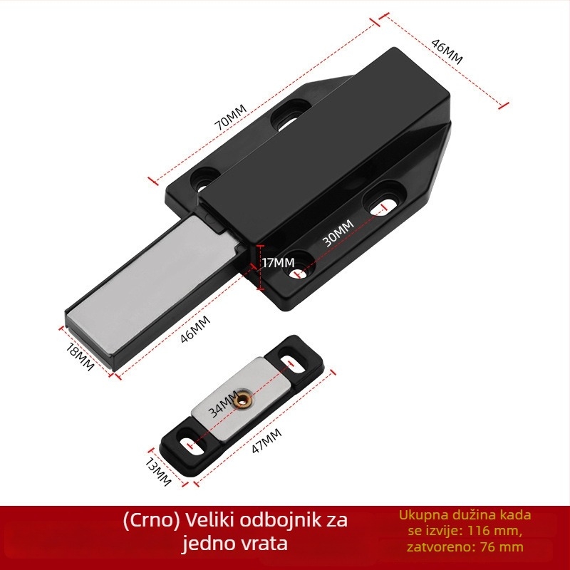 Magnetski zaustavljač vrata ormara - skrivena ugradnja, pritisni tip, Nylon Rebounder model, ABS plast