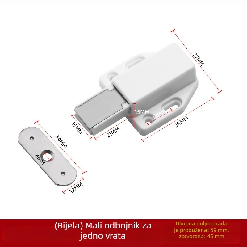 Magnetski zaustavljač vrata ormara - skrivena ugradnja, pritisni tip, Nylon Rebounder model, ABS plast