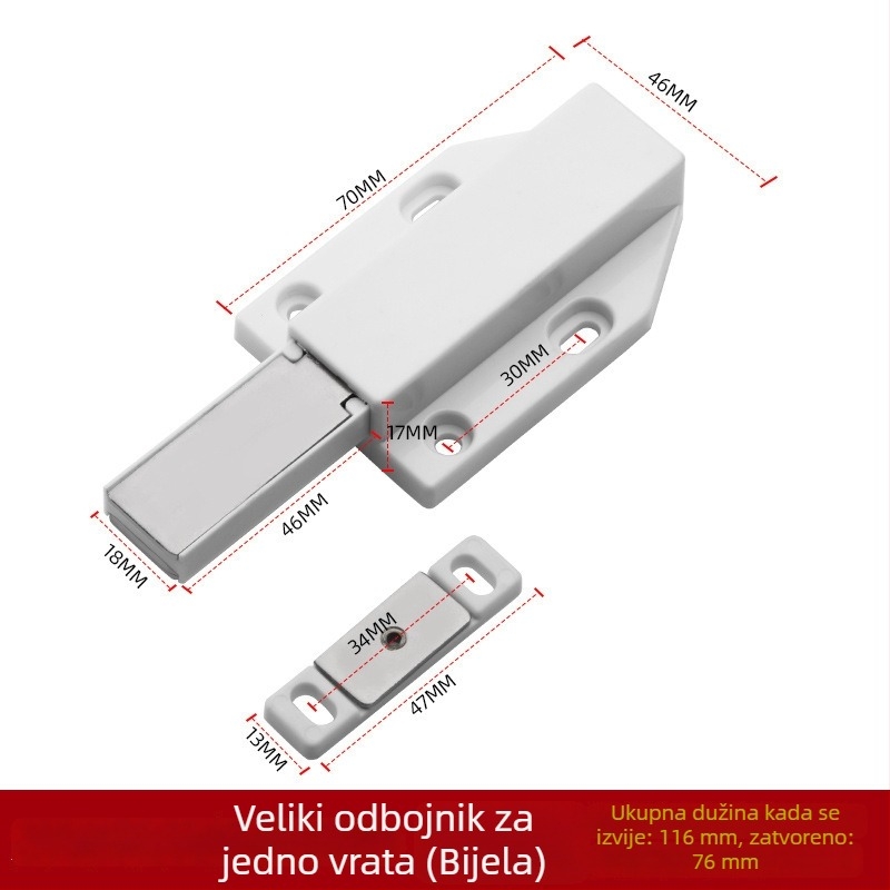 Magnetski zaustavljač vrata ormara - skrivena ugradnja, pritisni tip, Nylon Rebounder model, ABS plast