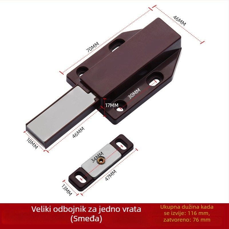 Magnetski zaustavljač vrata ormara - skrivena ugradnja, pritisni tip, Nylon Rebounder model, ABS plast