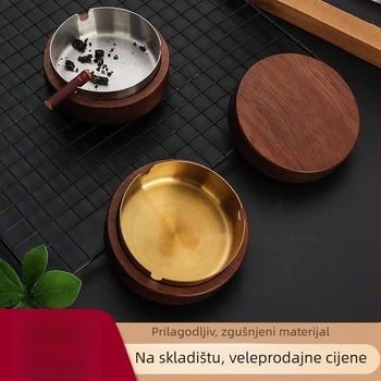 Pepelnjak s poklopcem, od nehrđajućeg čelika i masivnog drveta, vintage nordijski stil, prilagođeni logotip
