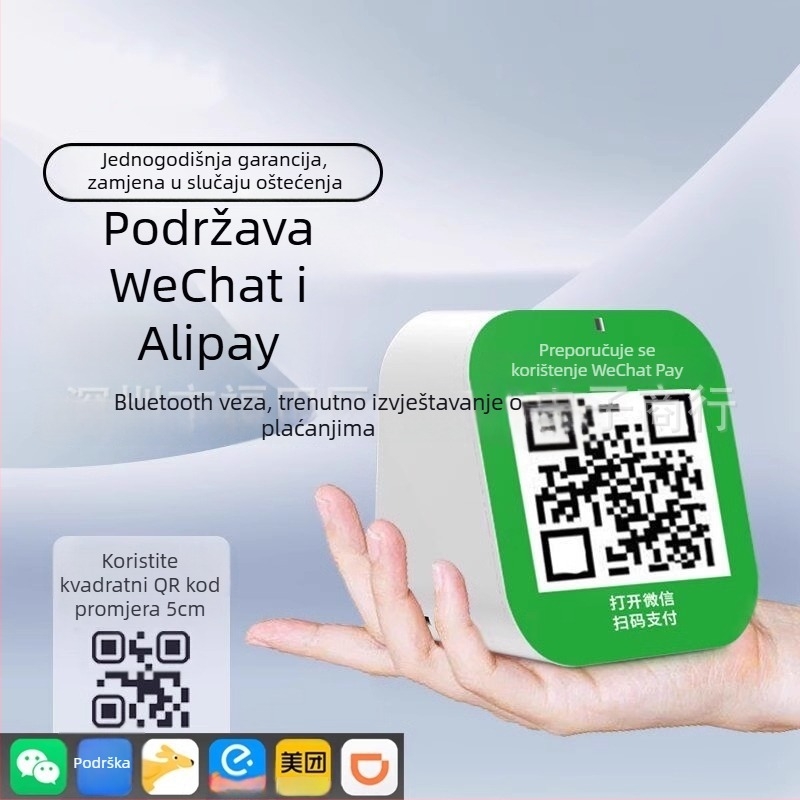 Zvučnik za kod plaćanja s Bluetoothom 5.0, raspon frekvencija 100 Hz–20 kHz, SNR ≥100 dB, IPX5 vodootporan, ugrađena baterija 800–1000 mAh