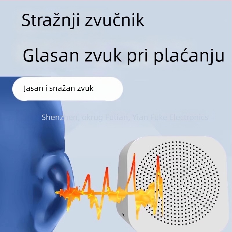 Zvučnik za kod plaćanja s Bluetoothom 5.0, raspon frekvencija 100 Hz–20 kHz, SNR ≥100 dB, IPX5 vodootporan, ugrađena baterija 800–1000 mAh
