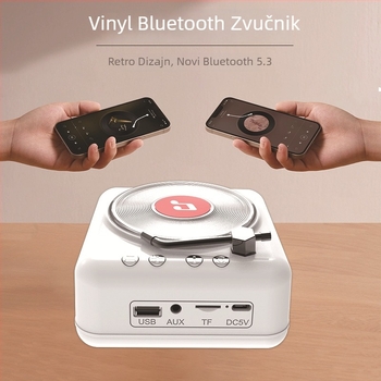 Retro vinil CD player Bluetooth zvučnik s ugrađenom baterijom • Bluetooth 5.0 • Ugrađena baterija 1000–1200 mAh • Izlazna snaga 3W • Raspon frekvencija 100 Hz–20 kHz • SNR ≥75 dB