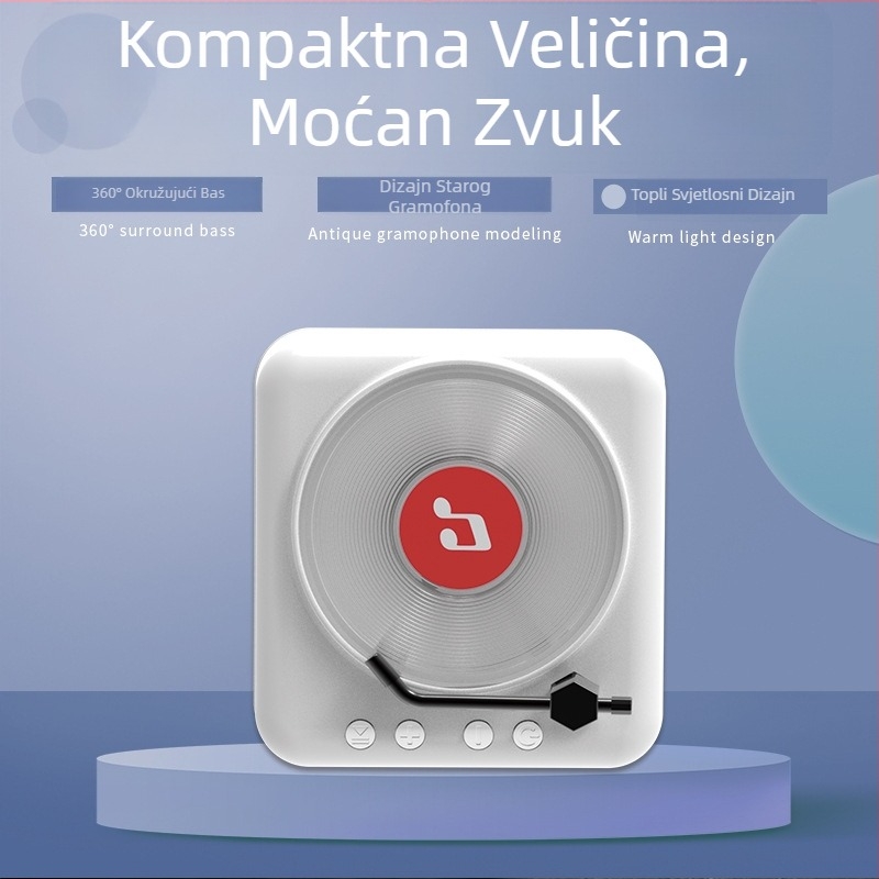 Retro vinil CD player Bluetooth zvučnik s ugrađenom baterijom • Bluetooth 5.0 • Ugrađena baterija 1000–1200 mAh • Izlazna snaga 3W • Raspon frekvencija 100 Hz–20 kHz • SNR ≥75 dB