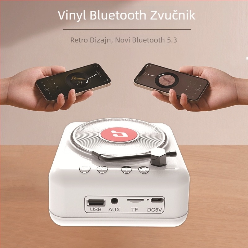 Retro vinil CD player Bluetooth zvučnik s ugrađenom baterijom • Bluetooth 5.0 • Ugrađena baterija 1000–1200 mAh • Izlazna snaga 3W • Raspon frekvencija 100 Hz–20 kHz • SNR ≥75 dB