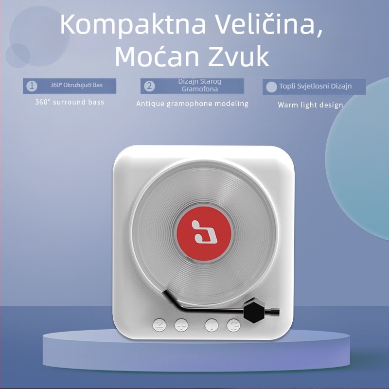 Retro vinil CD player Bluetooth zvučnik s ugrađenom baterijom • Bluetooth 5.0 • Ugrađena baterija 1000–1200 mAh • Izlazna snaga 3W • Raspon frekvencija 100 Hz–20 kHz • SNR ≥75 dB