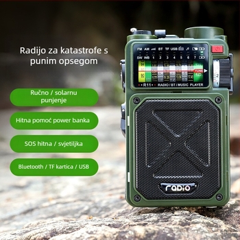 Ručno pokretano izvanredno radio s solarnim napajanjem i baterijom, Bluetooth zvučnik, SOS – za vanjsku upotrebu; IPx3, 100 Hz–20 kHz, SNR ≥75 dB