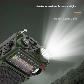 Ručno pokretano izvanredno radio s solarnim napajanjem i baterijom, Bluetooth zvučnik, SOS – za vanjsku upotrebu; IPx3, 100 Hz–20 kHz, SNR ≥75 dB