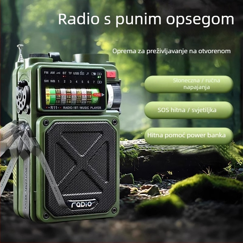 Ručno pokretano izvanredno radio s solarnim napajanjem i baterijom, Bluetooth zvučnik, SOS – za vanjsku upotrebu; IPx3, 100 Hz–20 kHz, SNR ≥75 dB