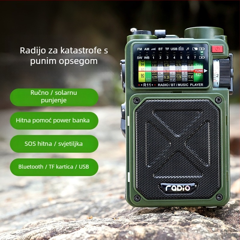 Ručno pokretano izvanredno radio s solarnim napajanjem i baterijom, Bluetooth zvučnik, SOS – za vanjsku upotrebu; IPx3, 100 Hz–20 kHz, SNR ≥75 dB