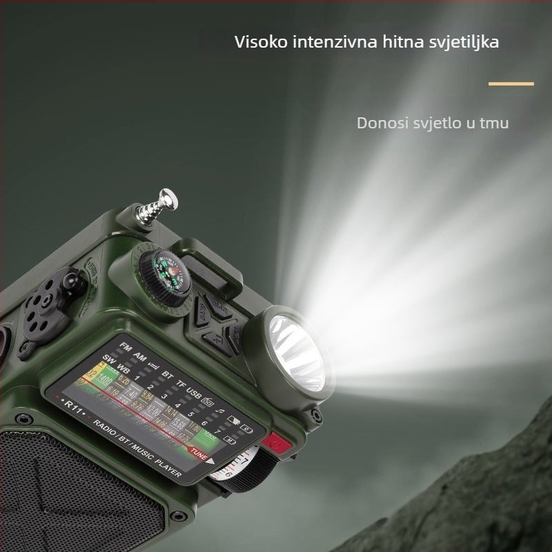 Ručno pokretano izvanredno radio s solarnim napajanjem i baterijom, Bluetooth zvučnik, SOS – za vanjsku upotrebu; IPx3, 100 Hz–20 kHz, SNR ≥75 dB