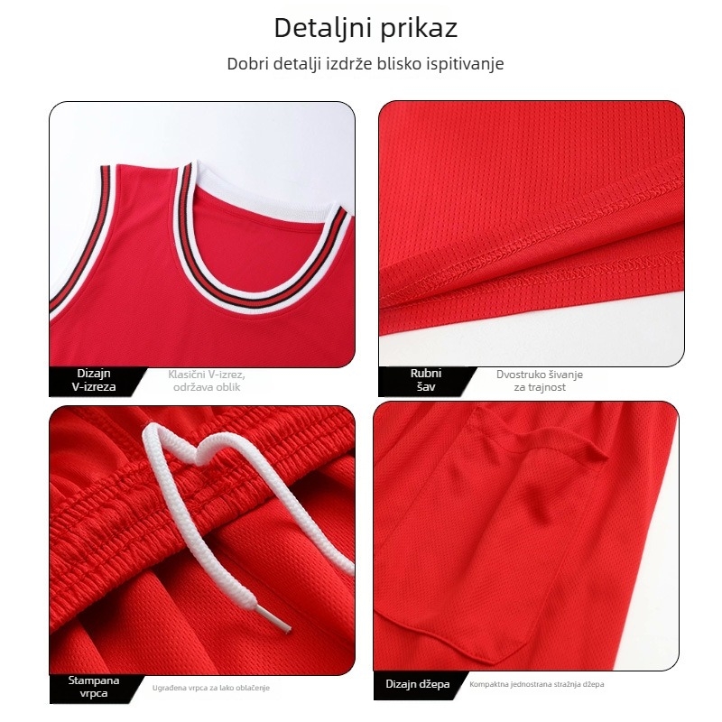 Košarkaški set dresova, bez rukava, okrugli ovratnik, brzo se suši, 95% poliester, standardni kroj