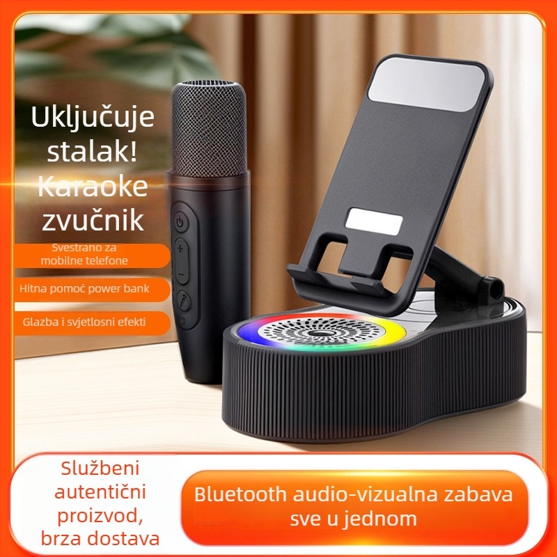 Pet u jednom: rotirajući stalak za telefon s podizanjem, ugrađena baterija, Bluetooth zvučnik i atmosfersko svjetlo — Bluetooth 5.2, 10W, 1200–2000mAh, 100Hz–20kHz, SNR ≥85dB