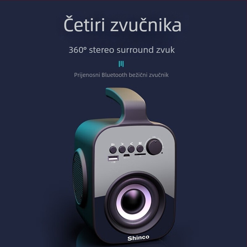 Shinco L1A Bežični Bluetooth zvučnik — karaoke, AirPlay podrška, frekvencijski raspon 40 Hz–20 kHz, SNR ≥100 dB, IPX4, ugrađena baterija 1200–2000 mAh, kućište od aluminijske legure, snaga 1 W