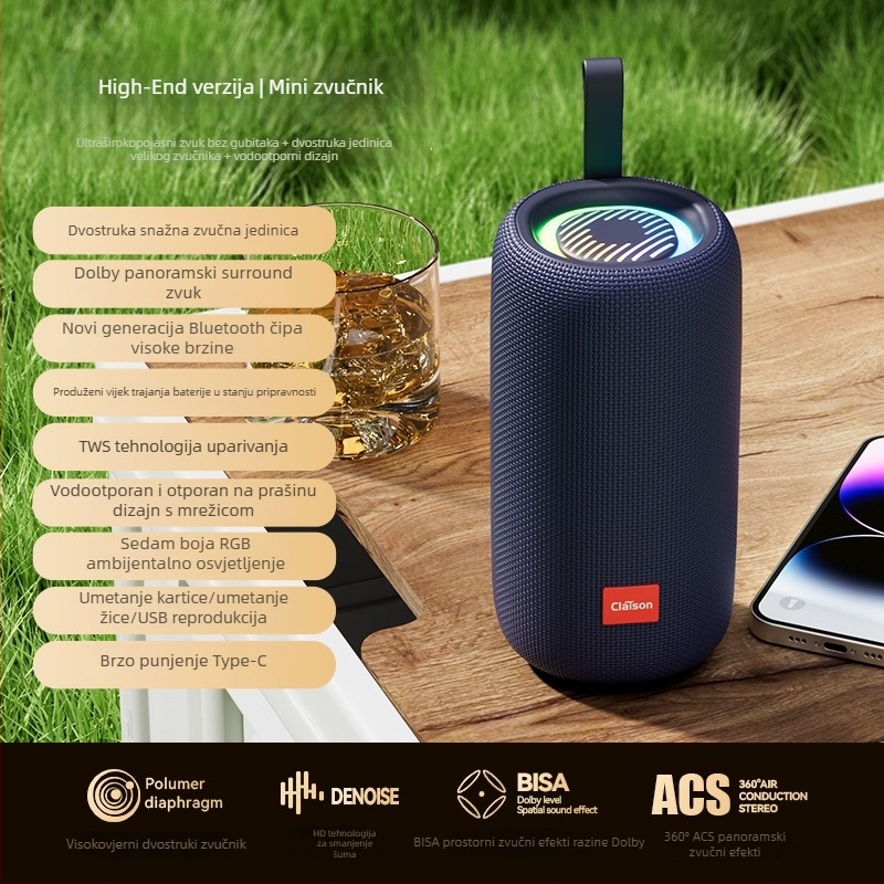 Prijenosni vanjski Bluetooth zvučnik s subwooferom – IPX4, Bluetooth 5.0, dva zvučnika, 20Hz–20kHz, baterija 2000–4000 mAh
