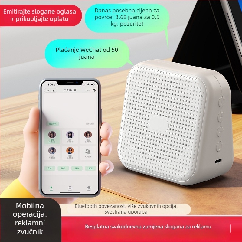 Pametan vanjski zvučnik za oglašavanje s ugrađenom baterijom – Bluetooth 5.0, 5W izlaz, raspon 100 Hz–20 kHz, domet 10 m, 800–1000 mAh