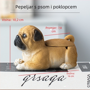 Pepeljak od smole s poklopcem, prostor za odlaganje, dekorativna pseća figura, mogućnost privatne oznake