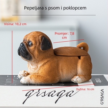 Pepeljak od smole s poklopcem, prostor za odlaganje, dekorativna pseća figura, mogućnost privatne oznake
