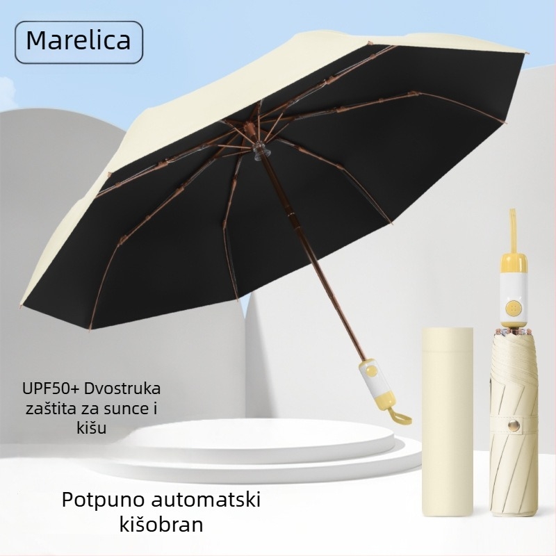 Sklopivi kišni kišobran s tri odjeljke, UPF>40 UV zaštita, tkanina 210T, nehrđajući čelični oslonac, okvir s 8 rebara, tisak logotipa i prilagodba