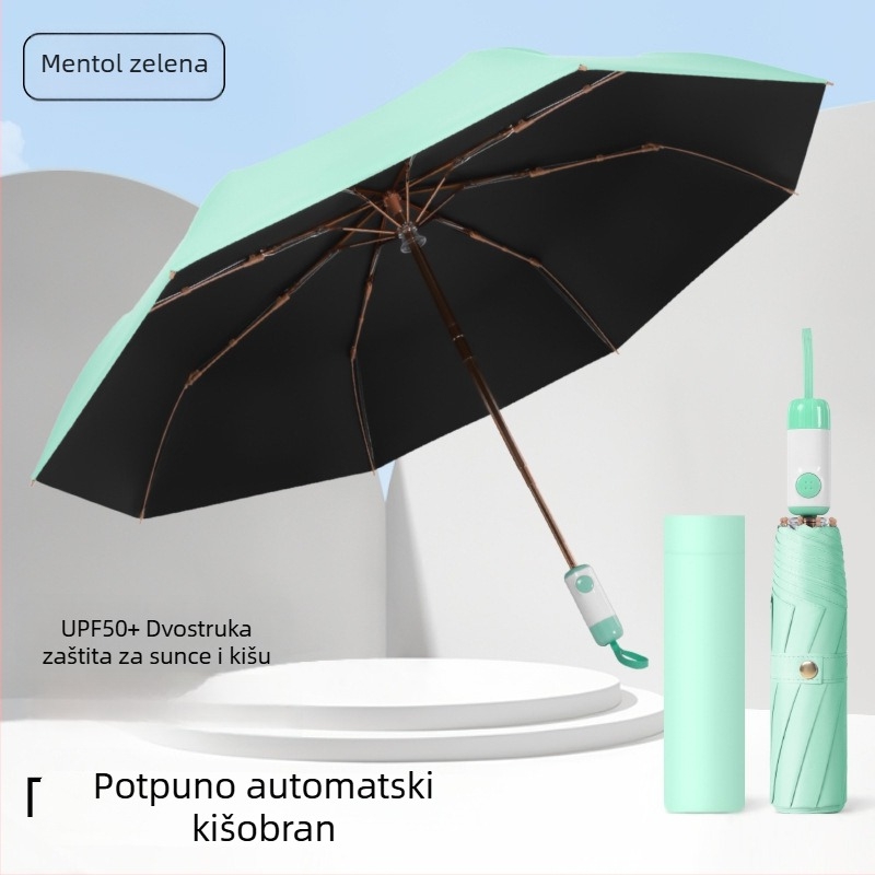 Sklopivi kišni kišobran s tri odjeljke, UPF>40 UV zaštita, tkanina 210T, nehrđajući čelični oslonac, okvir s 8 rebara, tisak logotipa i prilagodba