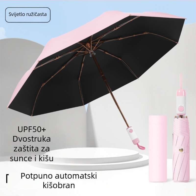 Sklopivi kišni kišobran s tri odjeljke, UPF>40 UV zaštita, tkanina 210T, nehrđajući čelični oslonac, okvir s 8 rebara, tisak logotipa i prilagodba