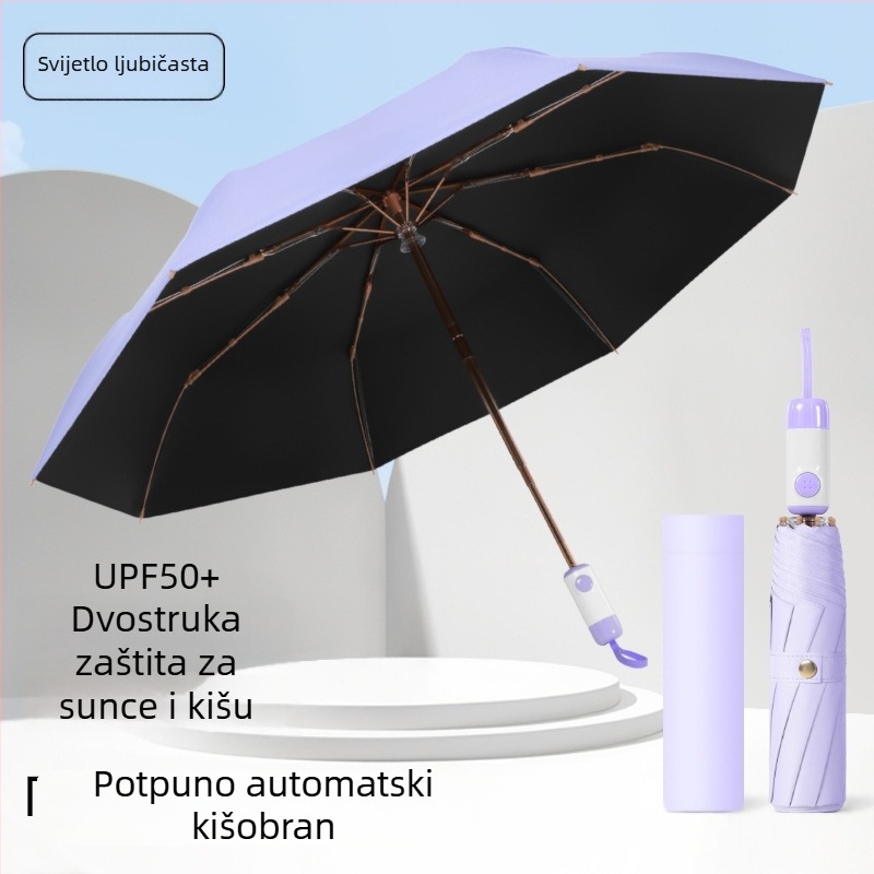Sklopivi kišni kišobran s tri odjeljke, UPF>40 UV zaštita, tkanina 210T, nehrđajući čelični oslonac, okvir s 8 rebara, tisak logotipa i prilagodba