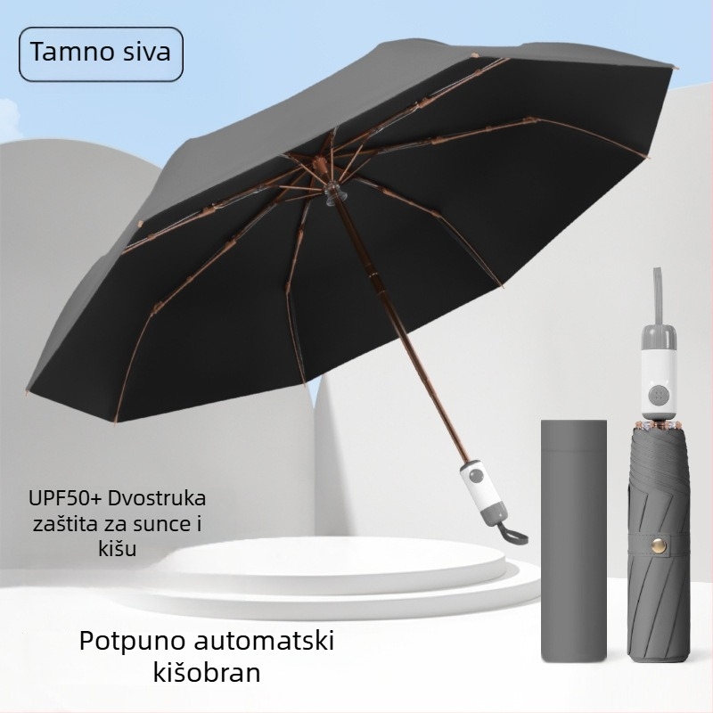 Sklopivi kišni kišobran s tri odjeljke, UPF>40 UV zaštita, tkanina 210T, nehrđajući čelični oslonac, okvir s 8 rebara, tisak logotipa i prilagodba
