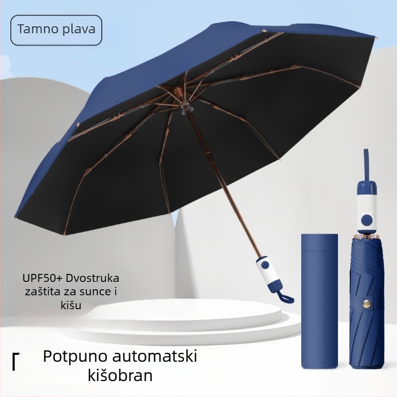Sklopivi kišni kišobran s tri odjeljke, UPF>40 UV zaštita, tkanina 210T, nehrđajući čelični oslonac, okvir s 8 rebara, tisak logotipa i prilagodba