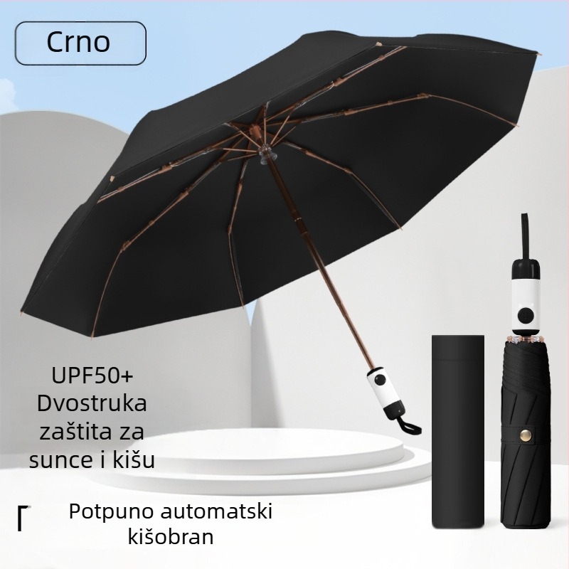 Sklopivi kišni kišobran s tri odjeljke, UPF>40 UV zaštita, tkanina 210T, nehrđajući čelični oslonac, okvir s 8 rebara, tisak logotipa i prilagodba