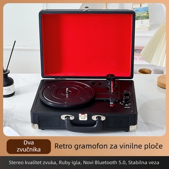 Prijenosni drveni retro vinilni gramofon u stilu kufra - Bluetooth 5.0, USB napajanje, 2 zvučnika, frekvencijski raspon 100 Hz–20 kHz, SNR ≥75 dB