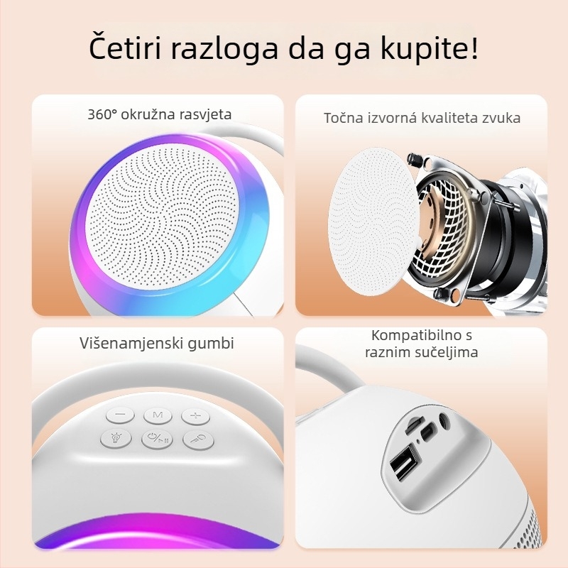 Prijenosni Bluetooth karaoke zvučnik s ugrađenim mikrofonom, Bluetooth 5.3, 5W izlazna snaga, ugrađena baterija 1200-2000mAh, domet 10 m