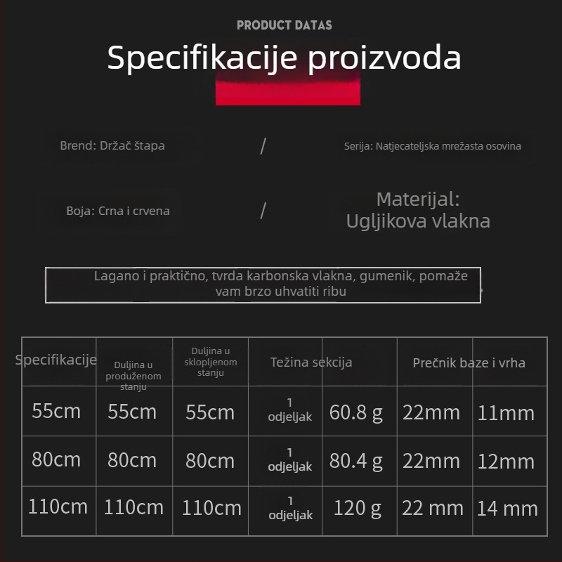 Karbonski teleskopski štap za mrežu za ribolov, lagan i prijenosan, 4 segmenta, težina 0,5 kg