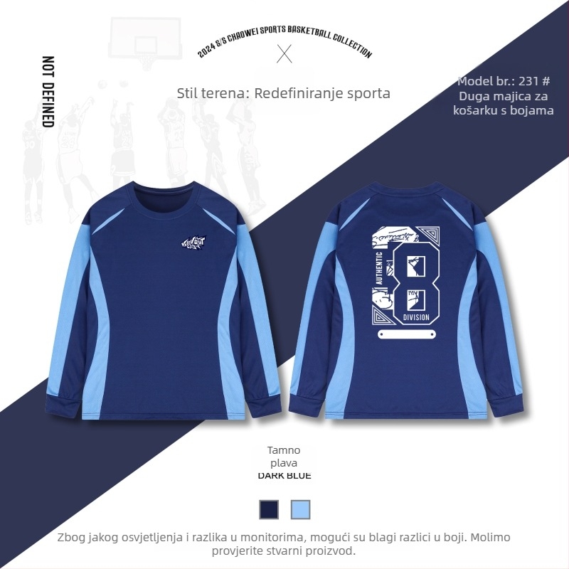 Unisex košarkaški trening dres s dugim rukavima, brzo se suši, prozračan, 100% poliester, za odrasle