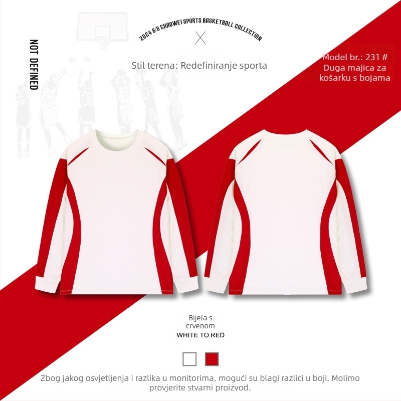 Unisex košarkaški trening dres s dugim rukavima, brzo se suši, prozračan, 100% poliester, za odrasle