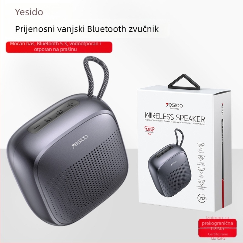 Yesido Prijenosni vanjski Bluetooth zvučnik sa subwooferom, Bluetooth 5.3, frekvencijski raspon 60 Hz–15 kHz, snaga 5 W, domet do 10 m, 52 mm zvučnik + CD dijafragma