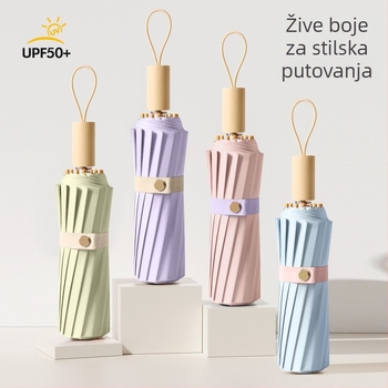 Ženski kišobran za sunce i kišu, dvostruka upotreba, trostruko se sklapa, ojačan, UPF50+ UV zaštita, 16-rebrani željezni okvir, štap od legure i drvena ručka