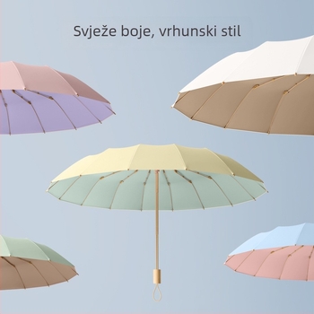 Ženski kišobran za sunce i kišu, dvostruka upotreba, trostruko se sklapa, ojačan, UPF50+ UV zaštita, 16-rebrani željezni okvir, štap od legure i drvena ručka