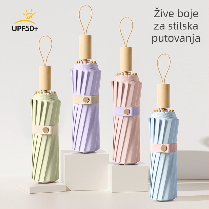 Ženski kišobran za sunce i kišu, dvostruka upotreba, trostruko se sklapa, ojačan, UPF50+ UV zaštita, 16-rebrani željezni okvir, štap od legure i drvena ručka